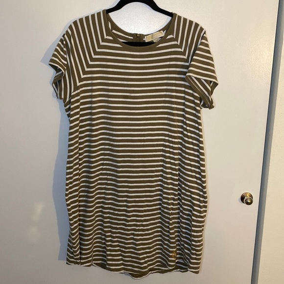 MICHAEL Michael Kors Dresses & Skirts - Michael Kohrs Olive Green and White Stripe T-Shirt Dress Size 1X